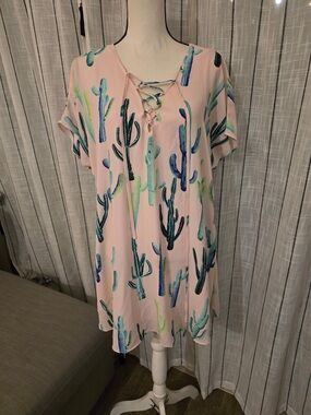 Buddy Love Light Pink Cactus Print Lace-Up Mini Dress